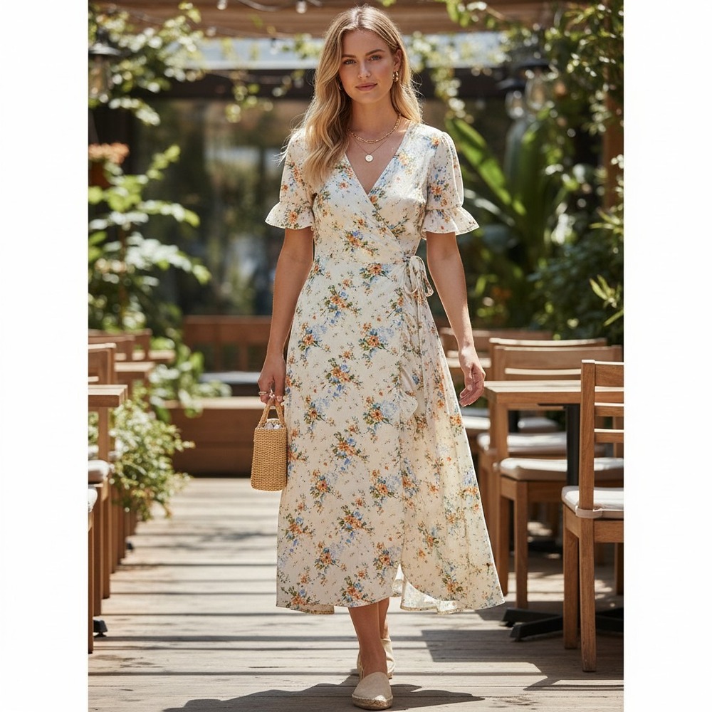 Madewell Floral Wrap Midi Dress Womens 6 Cream Ruffle Sleeve V-Neck Boho